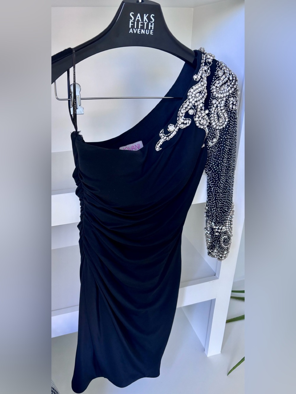 Jovani Black One-Shoulder Ruched Dress with heavily Crystal-Embellished Sleeve